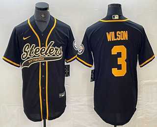 Men's Pittsburgh Steelers #3 Russell Wilson Black With Patch Cool Base Stitched Baseball Jersey,We sell and wholesale Men's Pittsburgh Steelers #3 Russell Wilson Black With Patch Cool Base Stitched Baseball Jersey on line form chian!